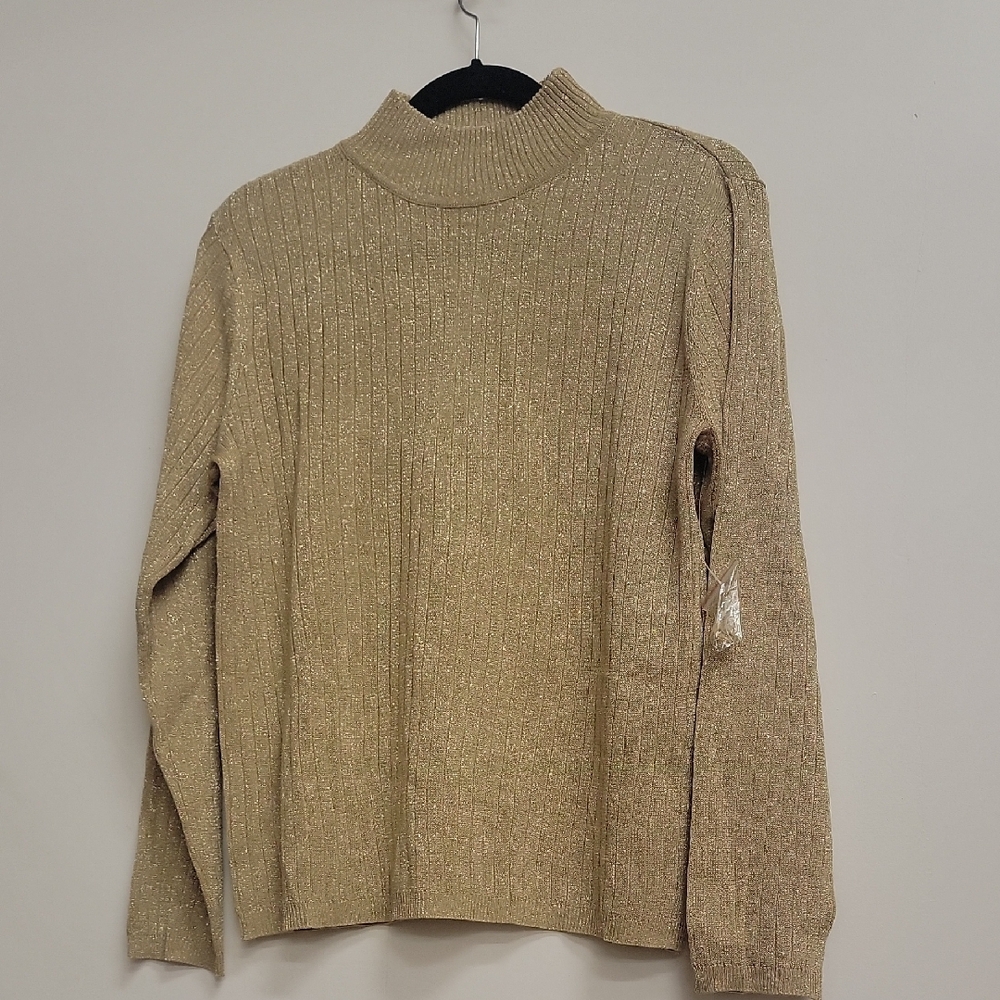 Studio Works Gold Mock Neck Sweater with Ribbed Texture Silk Poly Small M